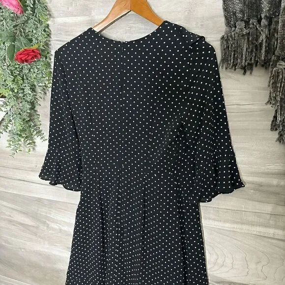 Adrianna Papell Womens Black Polka Dot Ruffle V-Neck Dress Size 0 - Picture 2 of 9